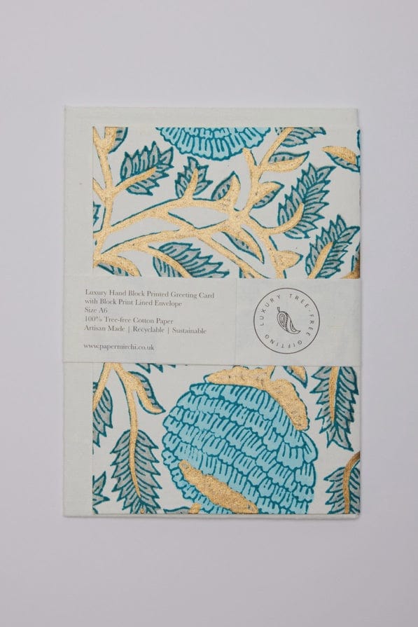 Paper Mirchi Homewares Paper Mirchi Card Hand Block Printed Marigold Glitz Turquoise