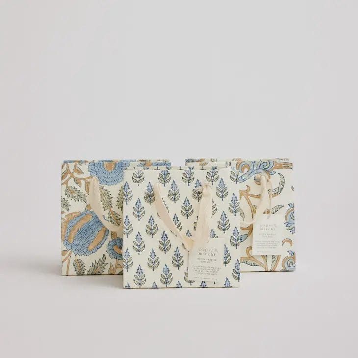 Paper Mirchi Homewares Paper Mirchi Hand Block Printed Small Gift Bag Blue Stone