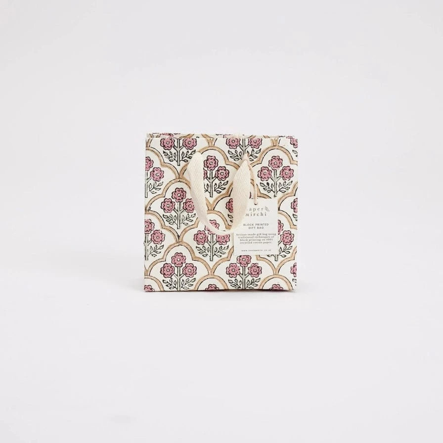 Paper Mirchi Homewares Paper Mirchi Hand Block Printed Small Gift Bag Pink Earth