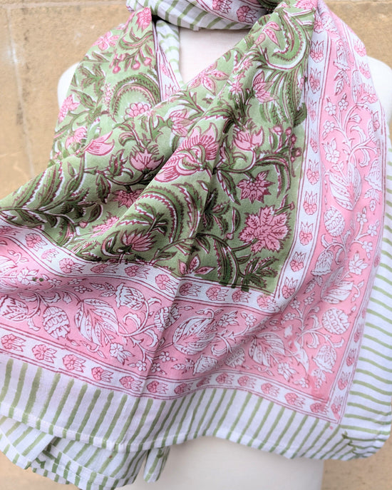 precious sparkle Accessories Pink & Green Floral Stripe Block Print Scarf Sarong