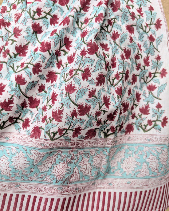 precious sparkle Accessories Turquoise & Red Floral Block Print Scarf Sarong