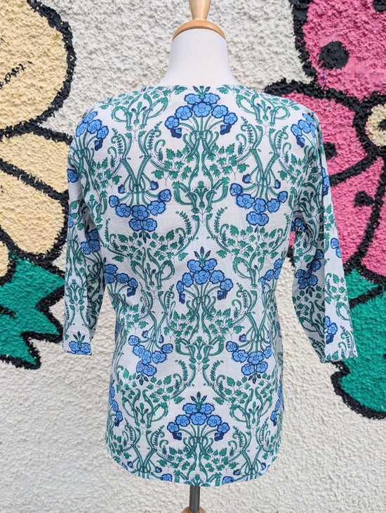 Load image into Gallery viewer, precious sparkle Fashion Blue &amp; Green Art Deco Block Print Cotton Blouse
