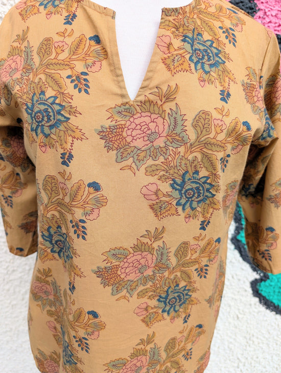 precious sparkle Fashion Dark Mustard Floral Block Print Cotton Blouse