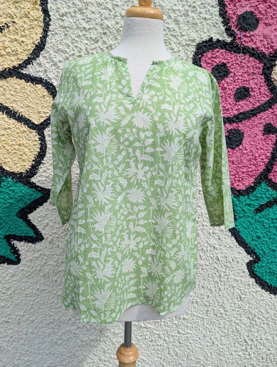 precious sparkle Fashion Pale Green Floral Block Print Cotton Blouse