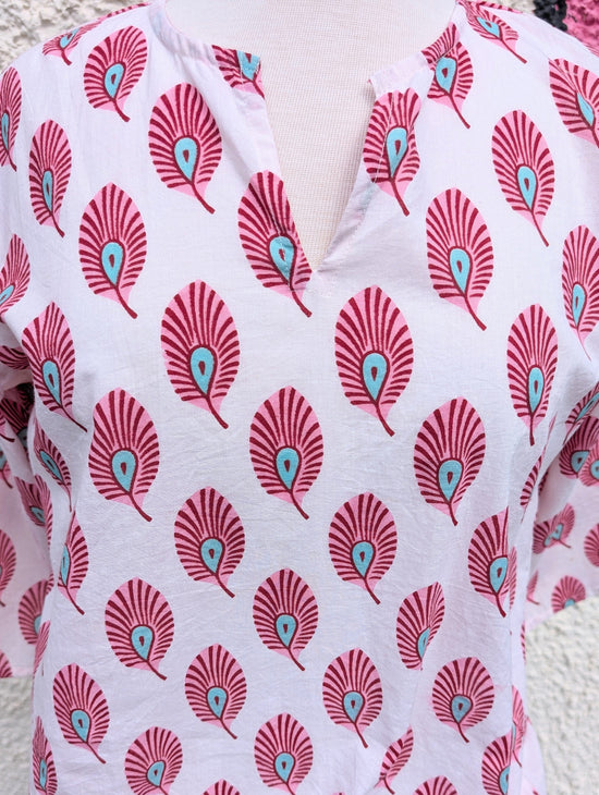 precious sparkle Fashion White Pink Feather Block Print Cotton Blouse