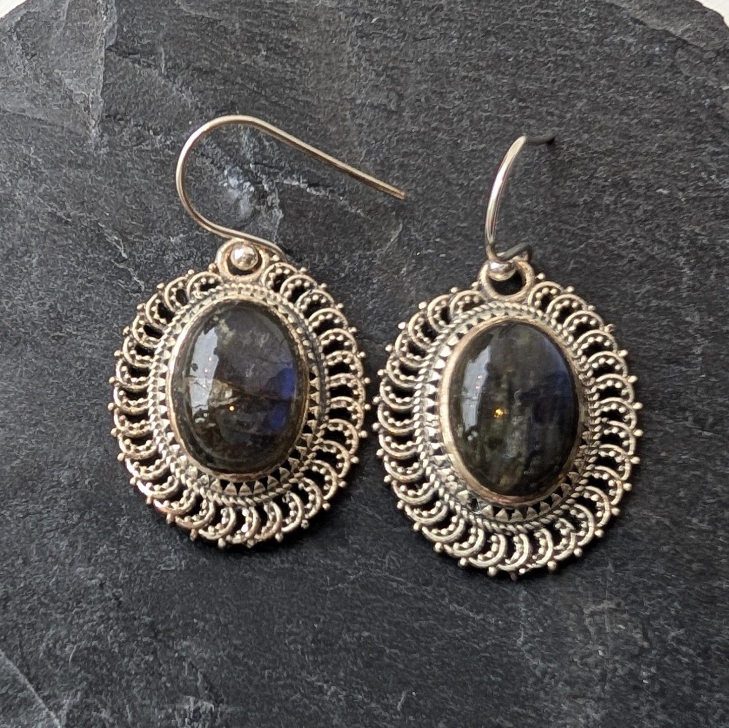 precious sparkle Jewellery Labradorite Ornate Sterling Silver Earrings