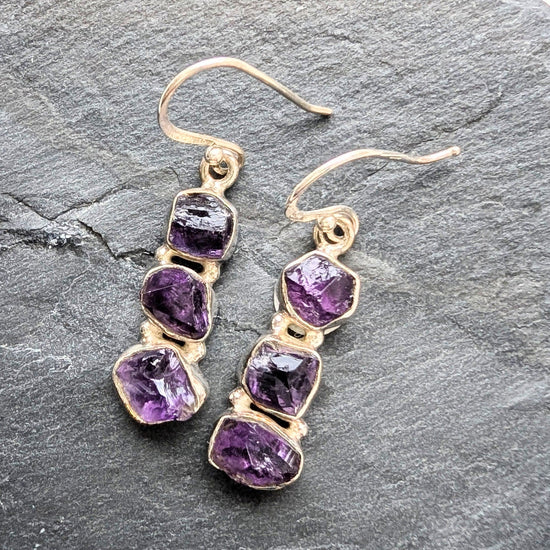 precious sparkle Jewellery Rough Cut Amethyst 3 Stone Earrings