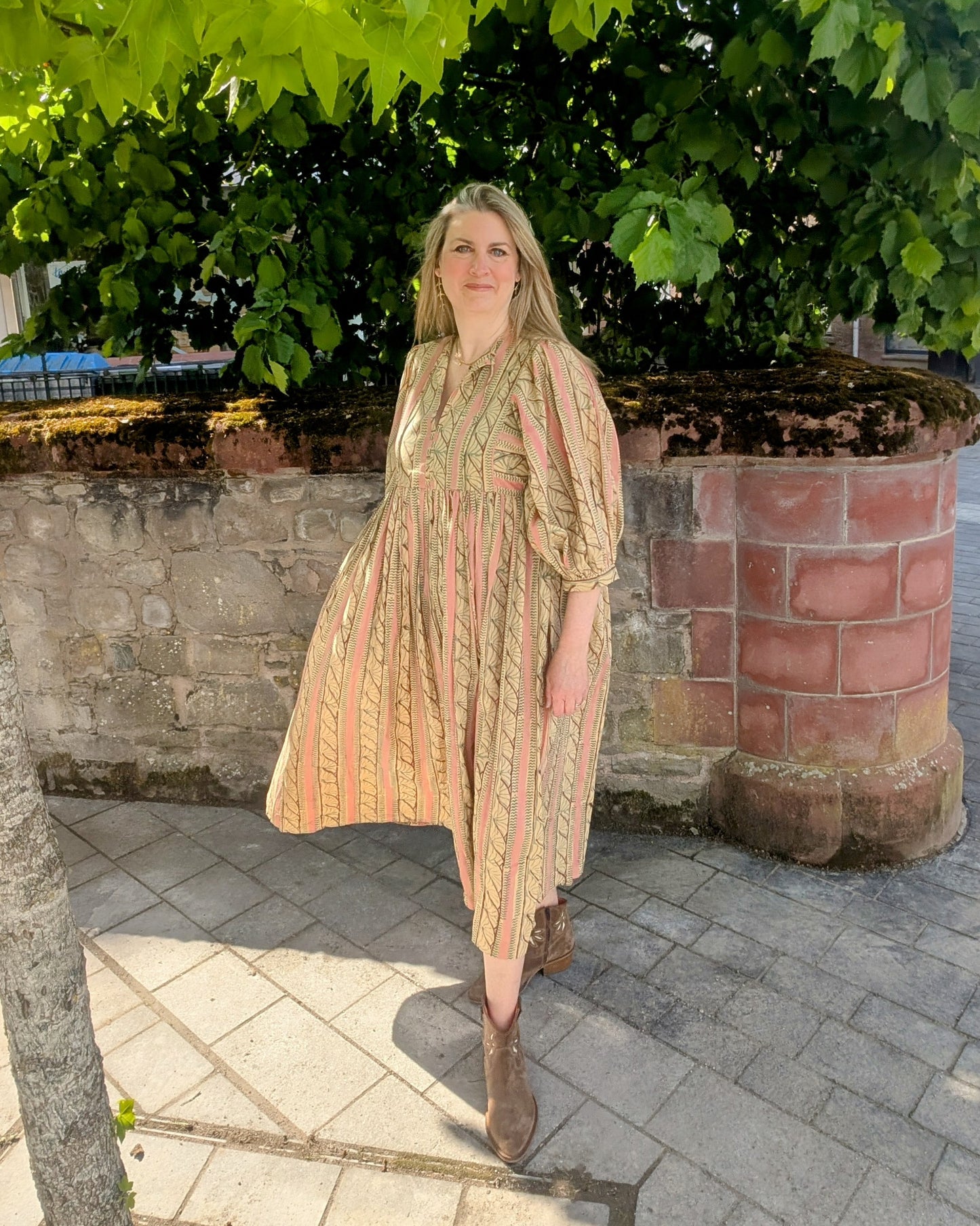 Roberta Pink Beige Block Printed Cotton Boho Dress