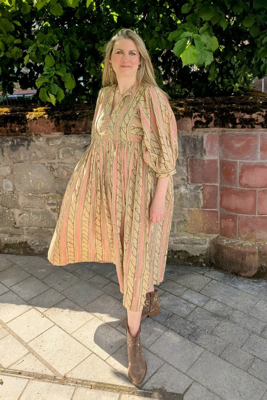 Roberta Pink Beige Block Printed Cotton Boho Dress