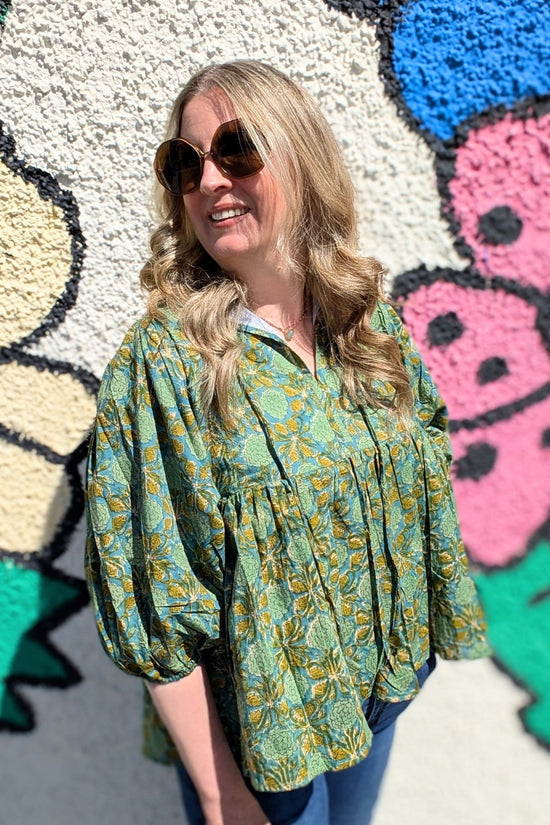 Joni Teal Green Floral Block Print Peasant Cotton Blouse