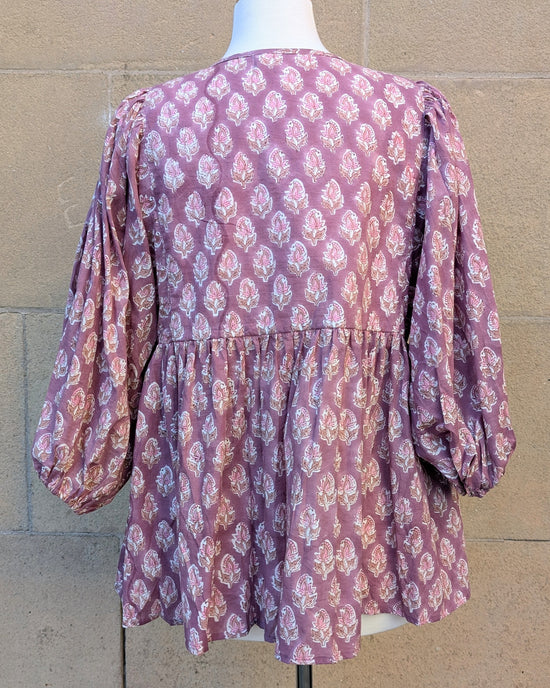 Load image into Gallery viewer, Joni Mauve Floral Block Print Peasant Cotton Blouse
