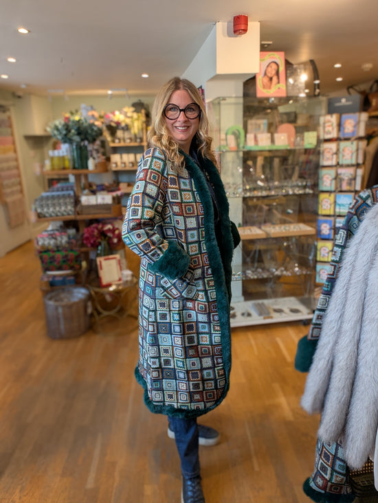 Louche Delphia 70s Patch Jacquard Fur Trim Coat – Multicoloured - Precious Sparkle