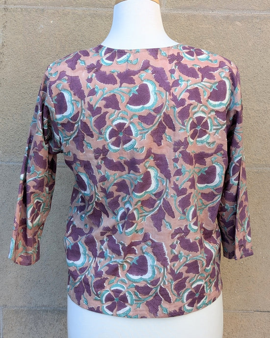 Load image into Gallery viewer, Janis Taupe &amp; Purple Floral Block Print Cotton Blouse Short Length
