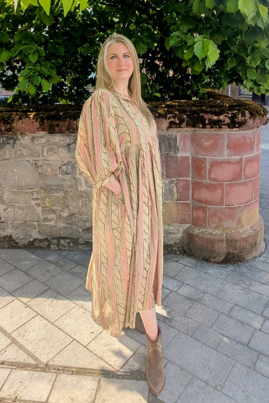 Load image into Gallery viewer, Roberta Pink Beige Block Printed Cotton Boho Dress
