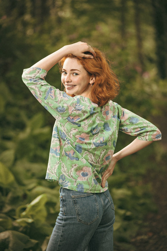 Janis Green & Blue Floral Block Print Cotton Blouse Short Length - Precious Sparkle