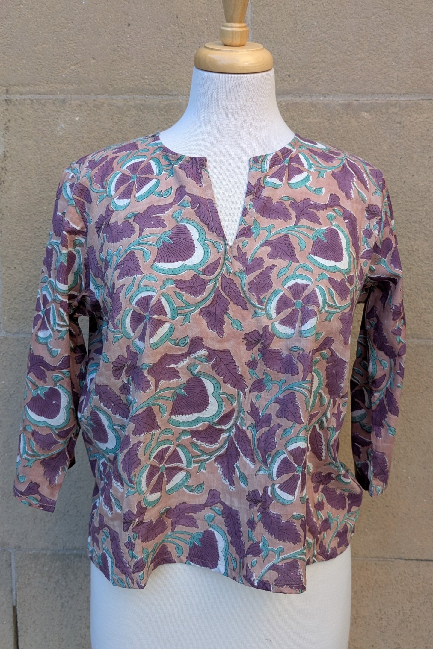 Janis Taupe & Purple Floral Block Print Cotton Blouse Short Length