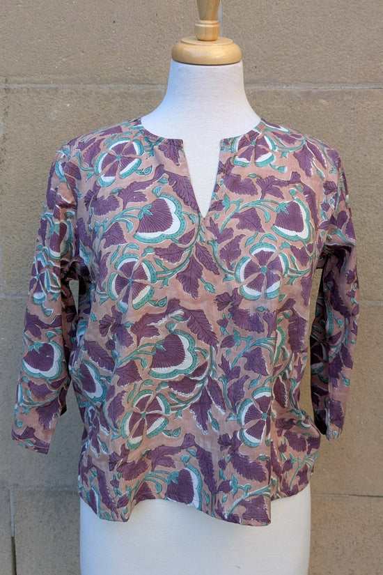 Janis Taupe & Purple Floral Block Print Cotton Blouse Short Length