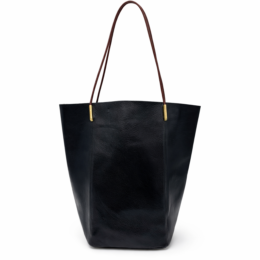 Leather Black Bucket Tote Handbag