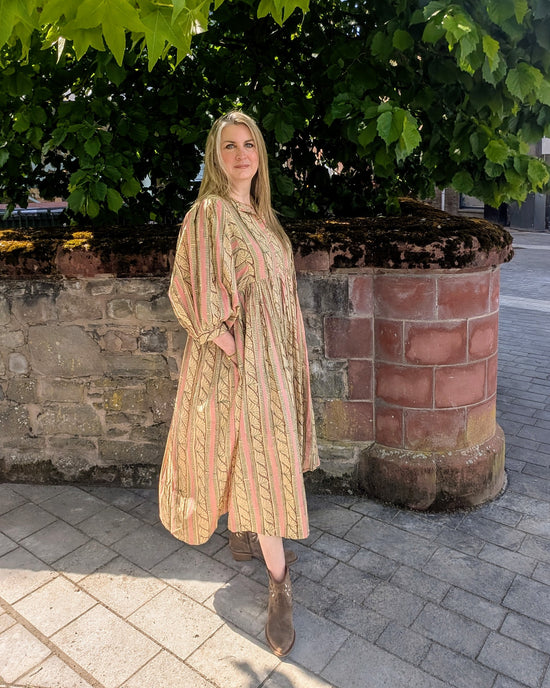 Load image into Gallery viewer, Roberta Pink Beige Block Printed Cotton Boho Dress
