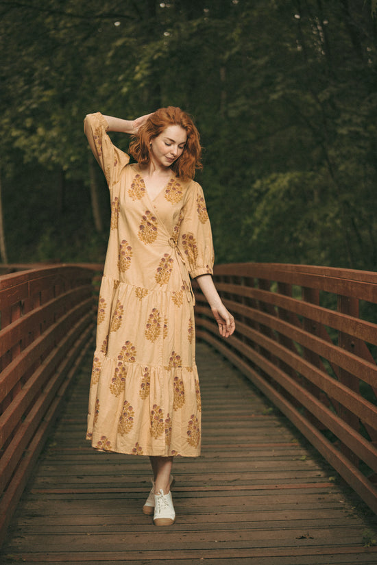 Vashti Yellow Beige Floral Block Printed Wrap Dress - Precious Sparkle