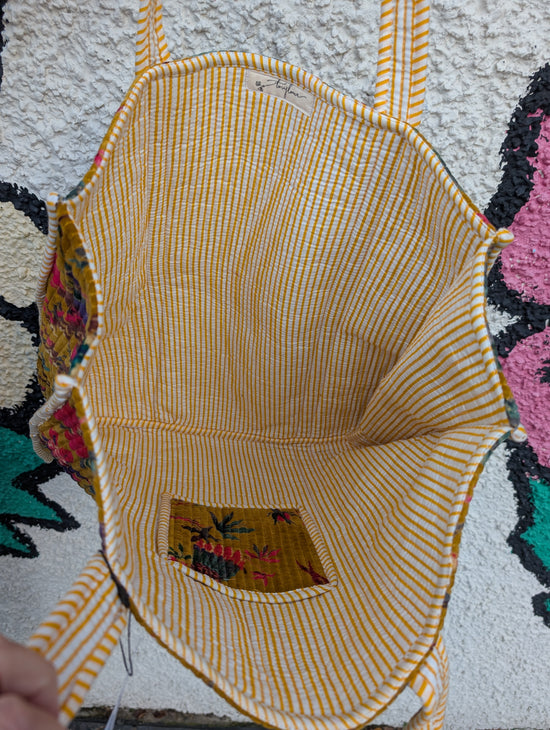 Velvet Quilted Indian Tote Bag -Paradise Mustard - Precious Sparkle