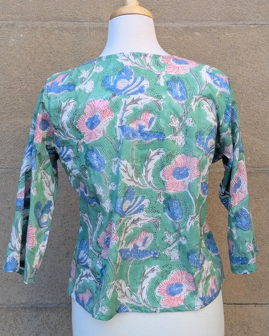 Janis Green & Blue Floral Block Print Cotton Blouse Short Length - Precious Sparkle
