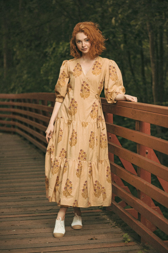 Vashti Yellow Beige Floral Block Printed Wrap Dress
