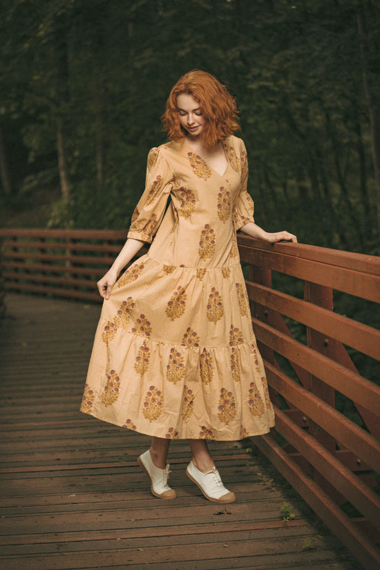 Vashti Yellow Beige Floral Block Printed Wrap Dress - Precious Sparkle