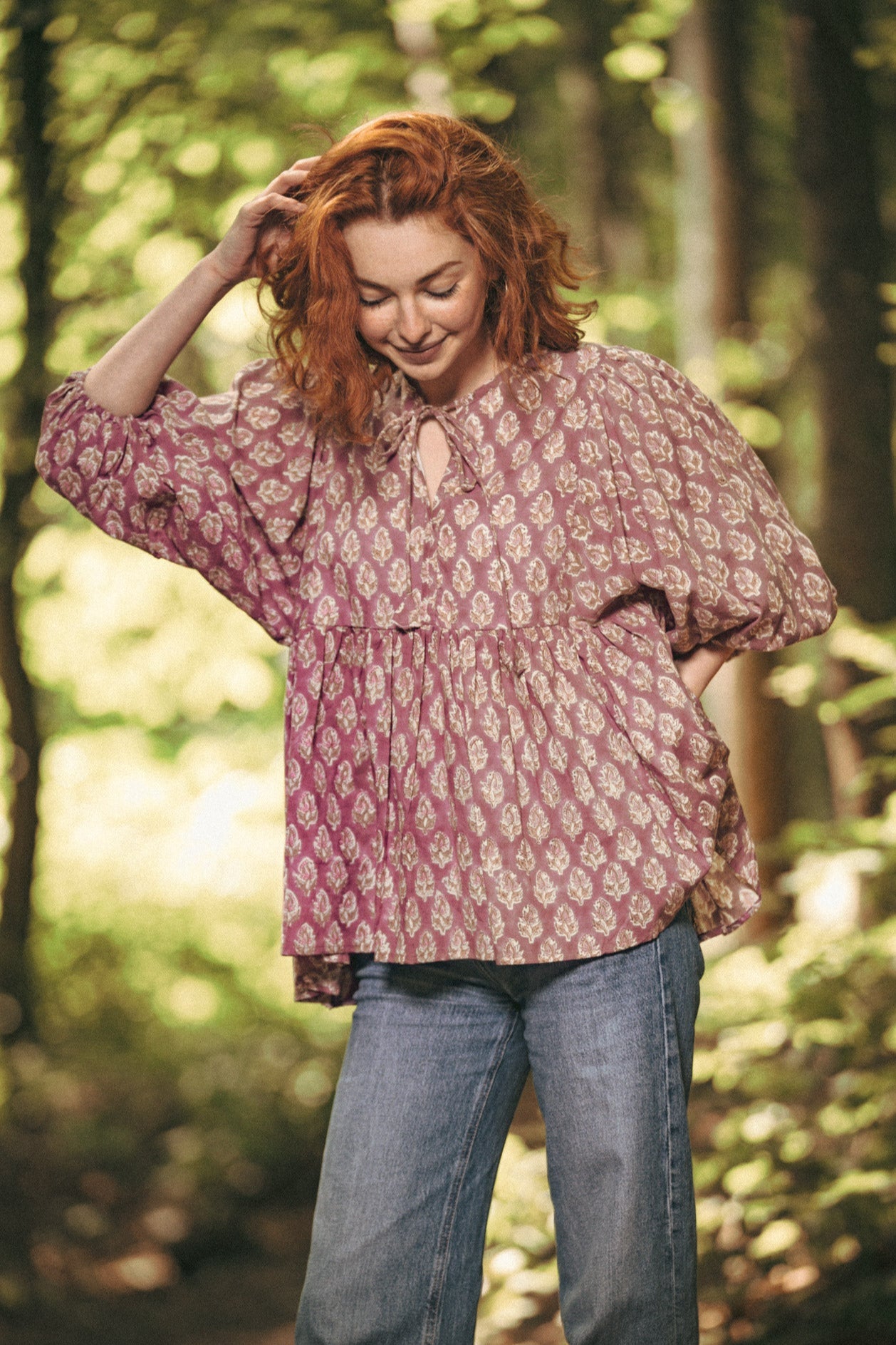 Joni Mauve Floral Block Print Peasant Cotton Blouse