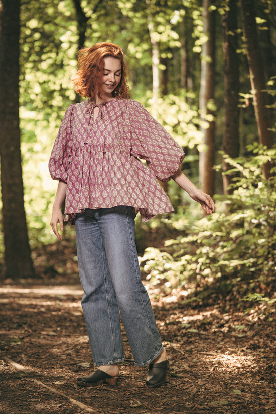 Joni Mauve Floral Block Print Peasant Cotton Blouse - Precious Sparkle