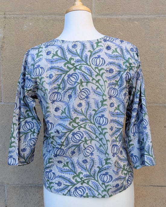 Janis Grey & Blue Floral Block Print Cotton Blouse - Precious Sparkle