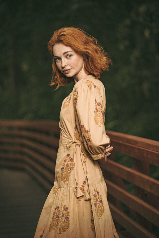 Vashti Yellow Beige Floral Block Printed Wrap Dress - Precious Sparkle