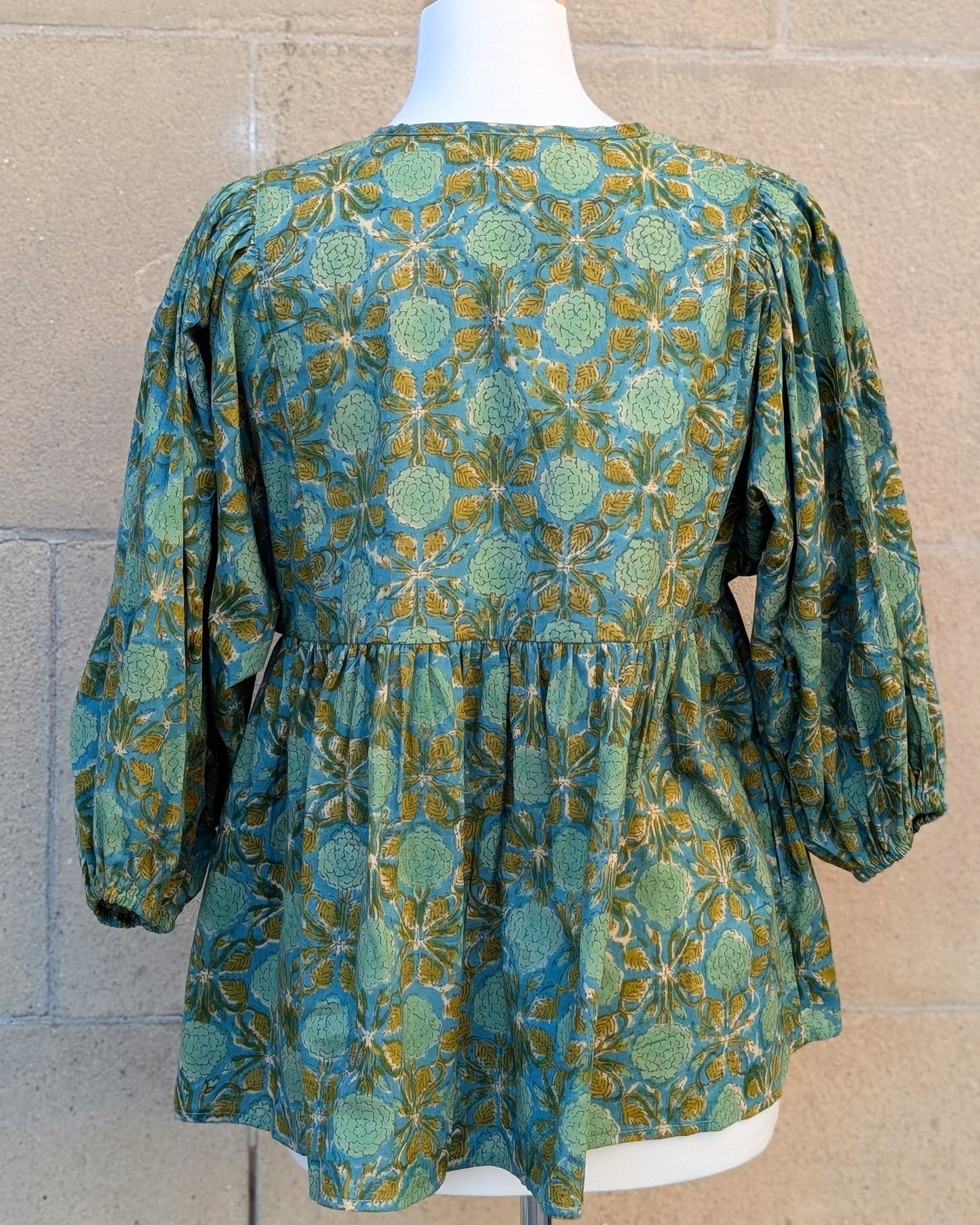 Joni Teal Green Floral Block Print Peasant Cotton Blouse