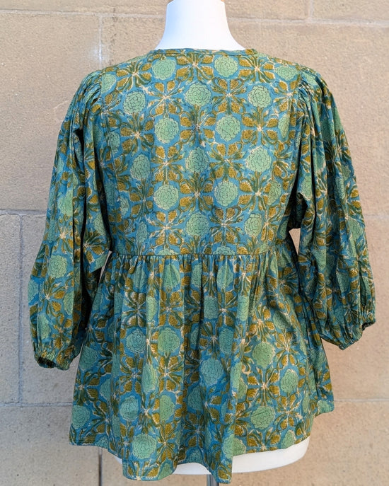 Joni Teal Green Floral Block Print Peasant Cotton Blouse - Precious Sparkle