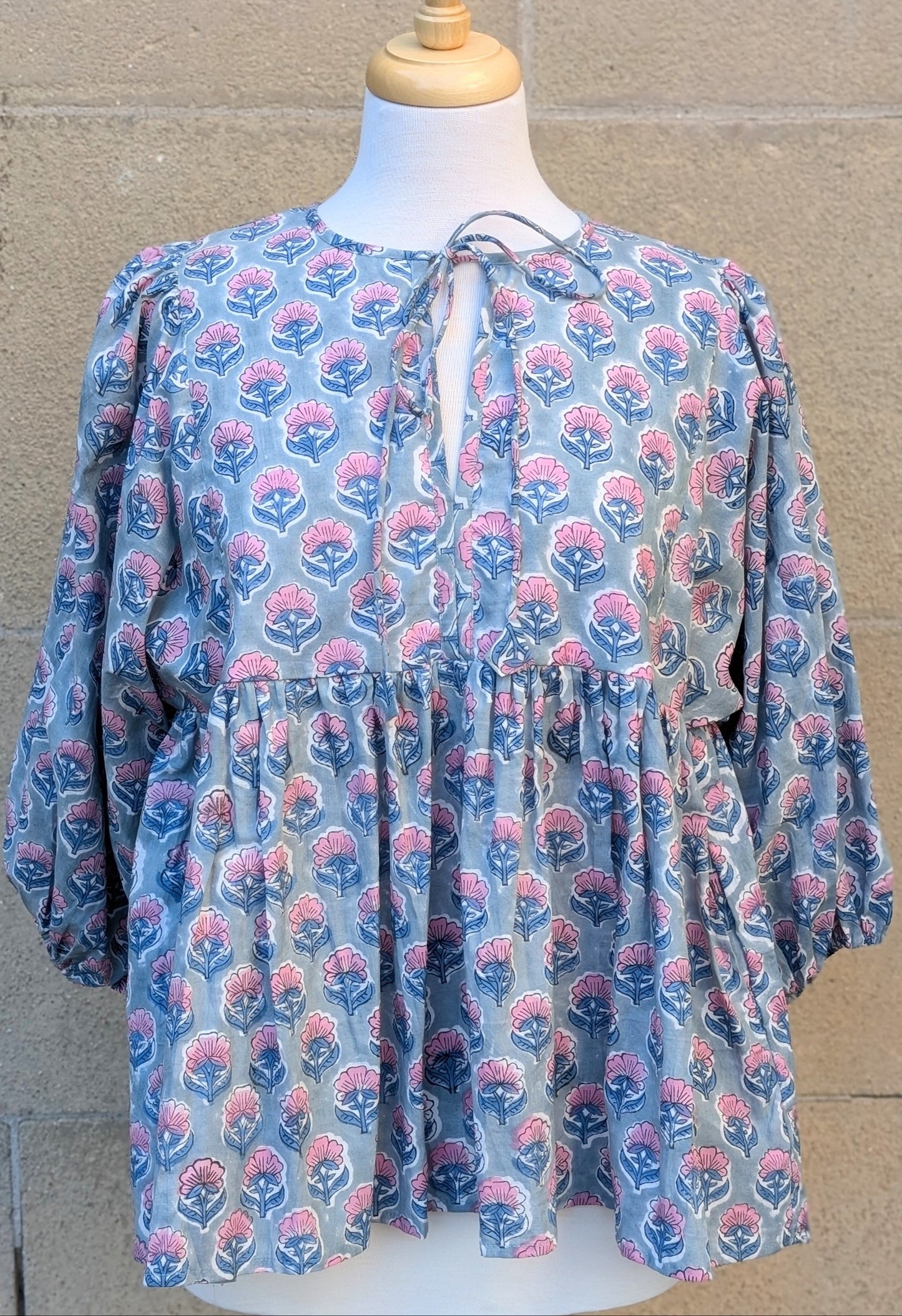 Joni Blue Pink Floral Block Print Peasant Cotton Blouse