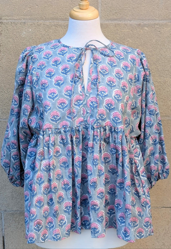 Joni Blue Pink Floral Block Print Peasant Cotton Blouse