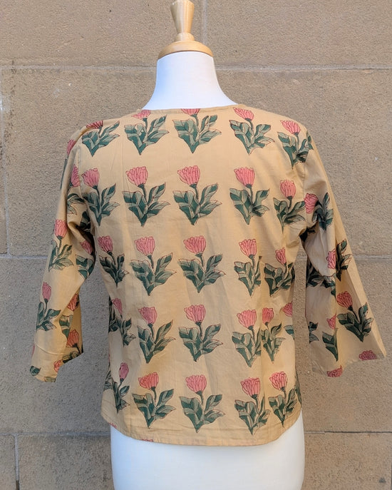 Janis Yellow & Pink Flower Block Print Cotton Blouse Short Length - Precious Sparkle