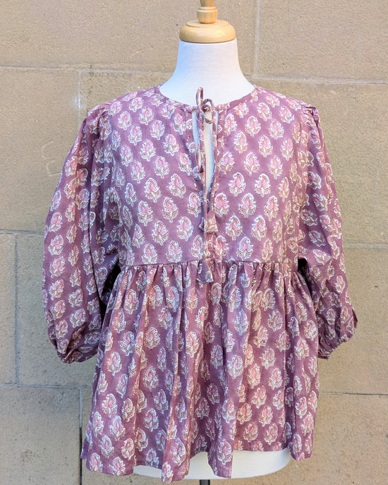 Joni Mauve Floral Block Print Peasant Cotton Blouse