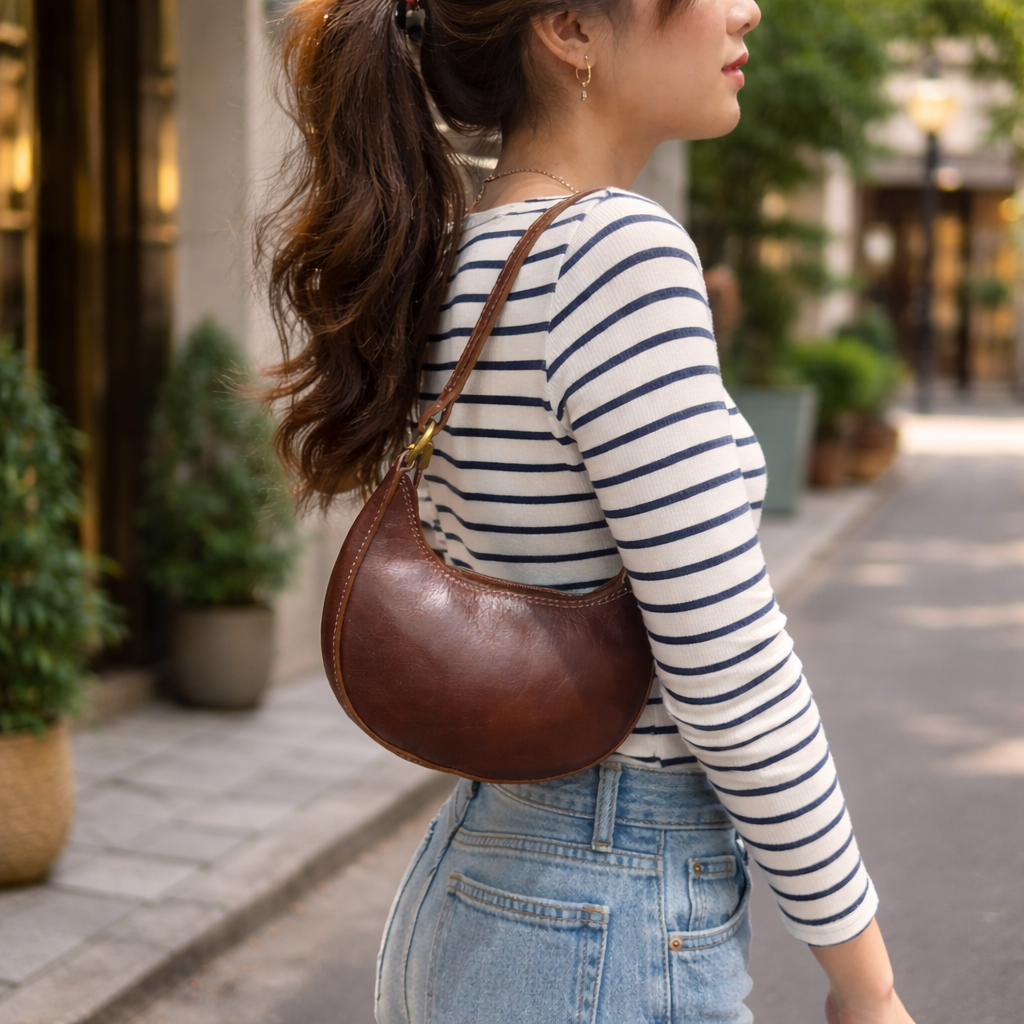 Leather Brown Small Half Moon Shoulder Bag