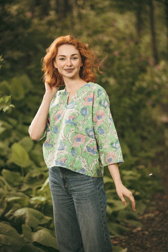 Janis Green & Blue Floral Block Print Cotton Blouse Short Length