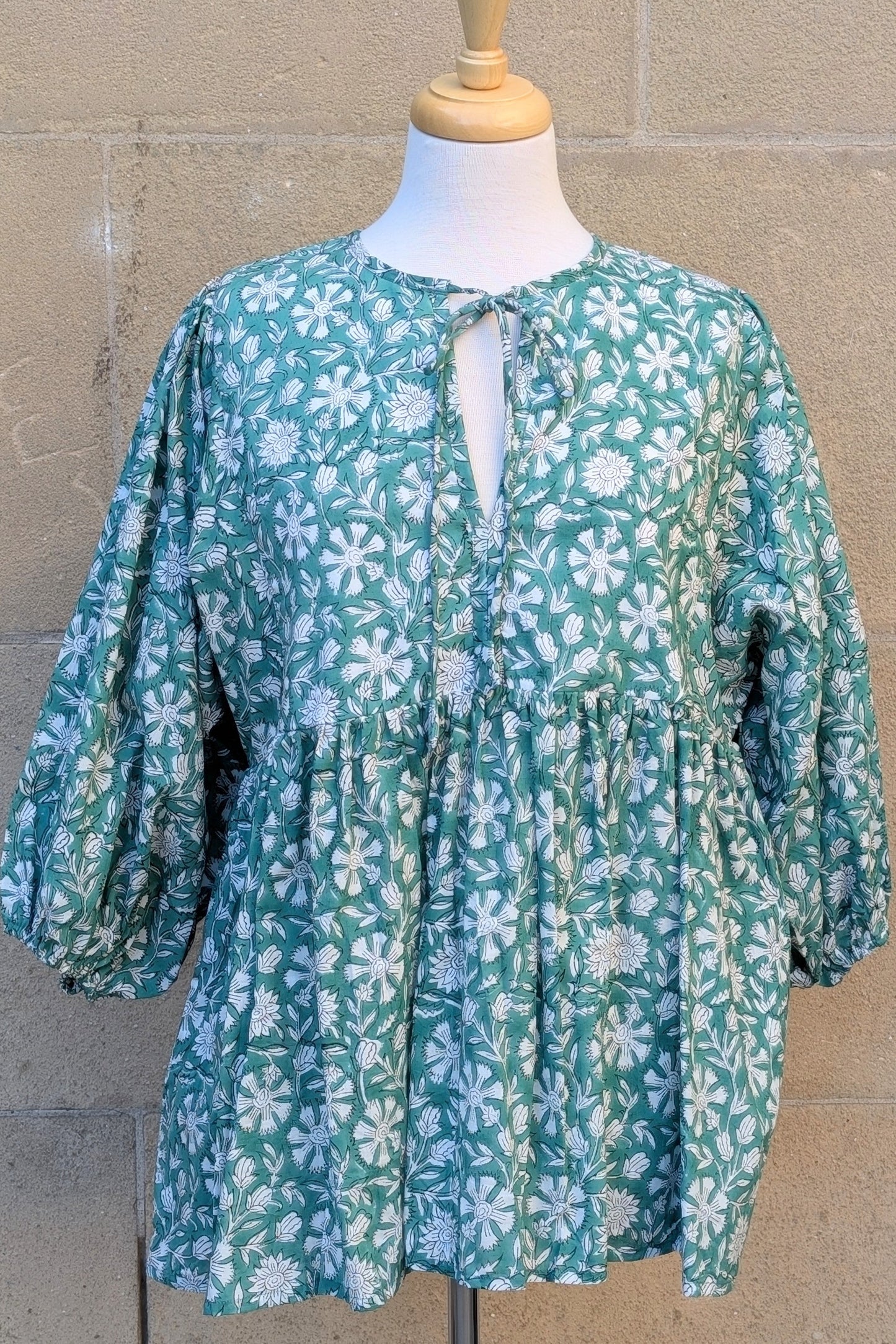 Joni Green & White Floral Block Print Peasant Cotton Blouse