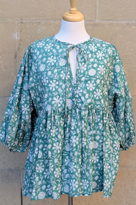 Joni Green & White Floral Block Print Peasant Cotton Blouse