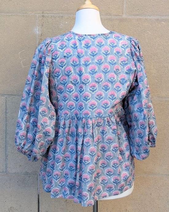 Joni Blue Pink Floral Block Print Peasant Cotton Blouse - Precious Sparkle
