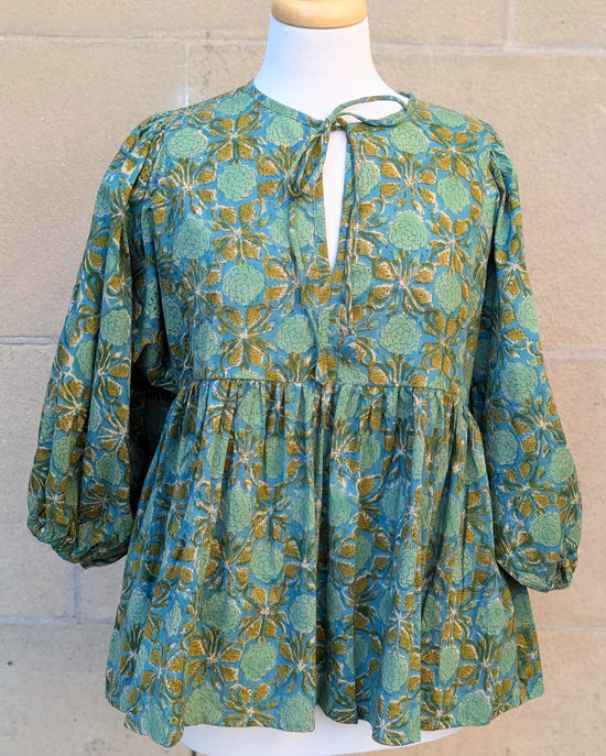Joni Teal Green Floral Block Print Peasant Cotton Blouse