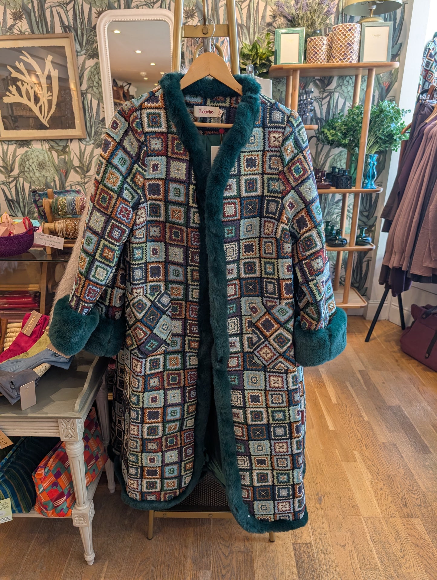 Louche Delphia 70s Patch Jacquard Fur Trim Coat – Multicoloured - Precious Sparkle