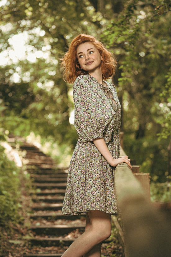 Laura Green Floral Block Printed Short Boho Dress