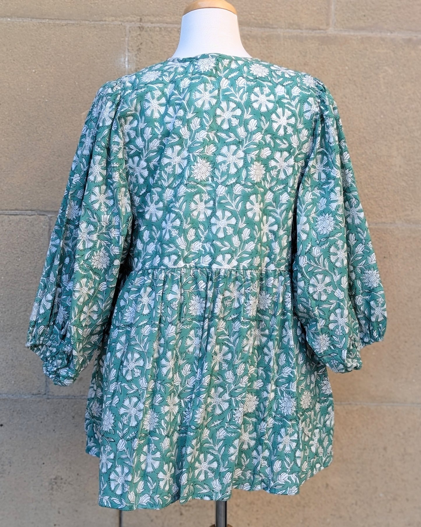 Joni Green & White Floral Block Print Peasant Cotton Blouse