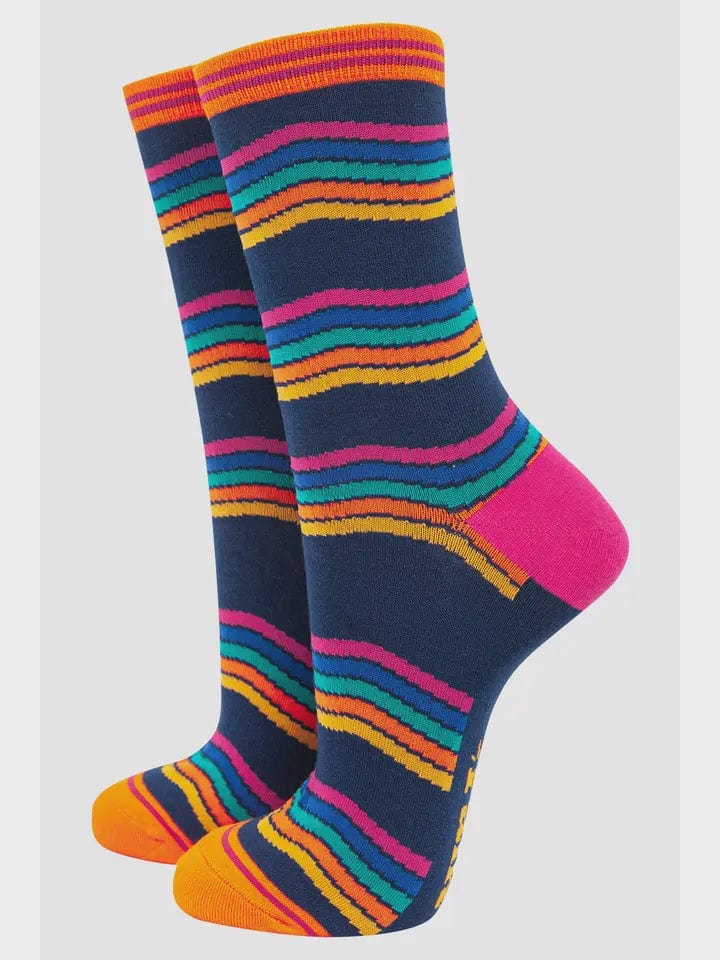 Sock Talk Accessories Sock Talk Bamboo Rainbow Stripe Socks in Navy Blue