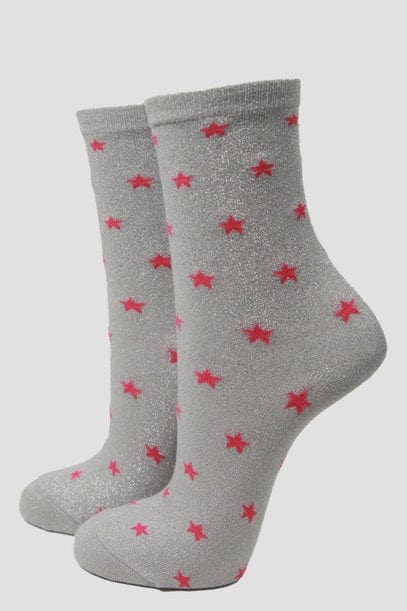 Sock Talk Accessories Sock Talk Light Grey Fuchsia Star Glitters Socks