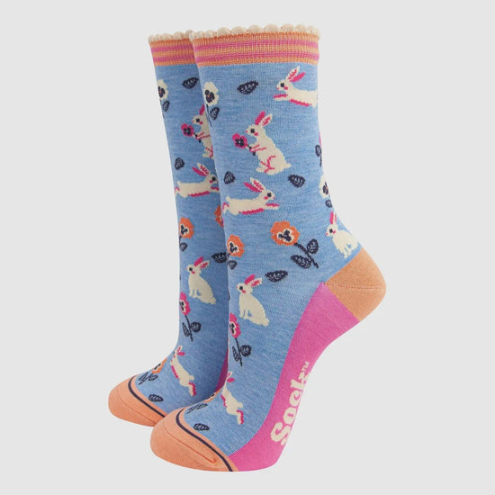 Sock Talk Accessories Sock Talk Women's Bamboo Socks - Blue, Rabbit and Flowers